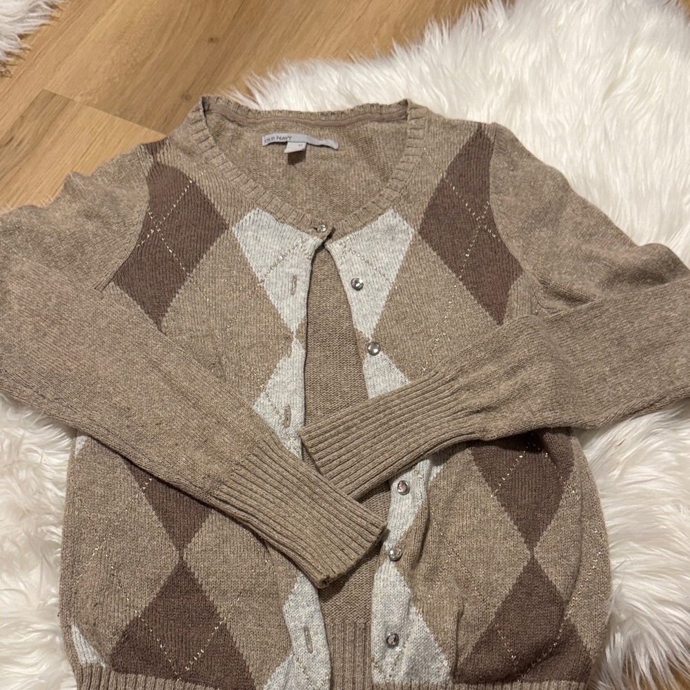 Old Navy Tan and Brown Argyle Cardigan